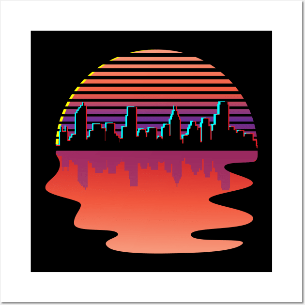 Retro Synthwave City Skyline Silhouette Glitch Art Design Wall Art by Brobocop